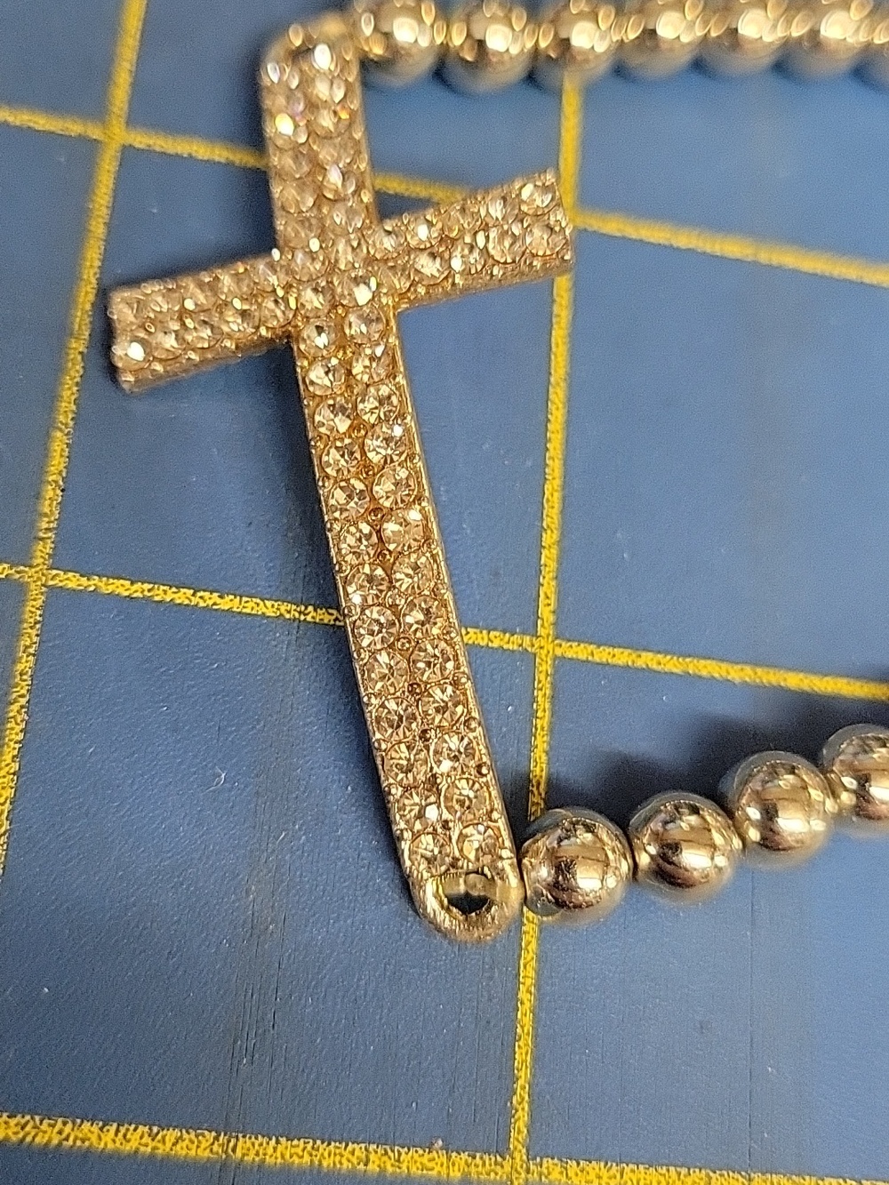Rhinestone Cross Beaded 7" Stretch Bracelet - Silver Tone - Picture 2 of 2